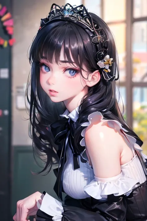 beautiful detailed eyes, beautiful detailed lips, extremely detailed eyes and face, long eyelashes, 1 girl, standing, black hair, (hair accessories:1.35), office lady, ribbon sleeves, bare arms, ribbon trim, wide sleeves, (looking at viewer:1.5), long hair...