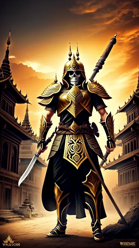 depicts a skeleton warrior wearing a golden and black color myanmar worries suit at bagan、create ultra-detailed 4k resolution di...