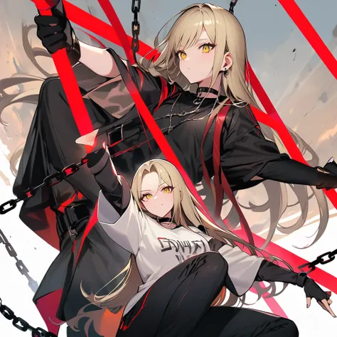 (well done: 1) woman, long straight pale blonde hair with a red streak, yellow eyes, black choker, loose long-sleeved white t-shirt, black fingerless gloves, black pants with some chains around them, black boots.