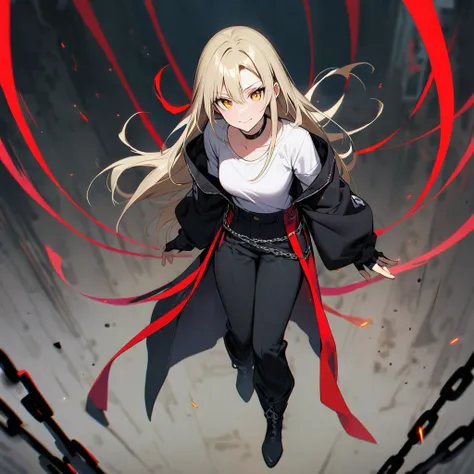 (well done: 1) woman, long straight pale blonde hair with a red streak, yellow eyes, black choker, loose long-sleeved white t-shirt, black fingerless gloves, black pants with some chains around them, black boots.