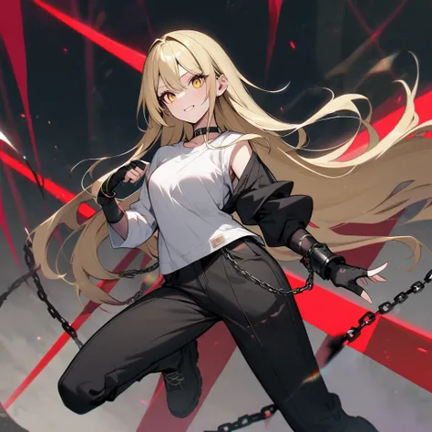 (well done: 1) woman, long straight pale blonde hair with a red streak, yellow eyes, black choker, loose long-sleeved white t-shirt, black fingerless gloves, black pants with some chains around them, black boots.