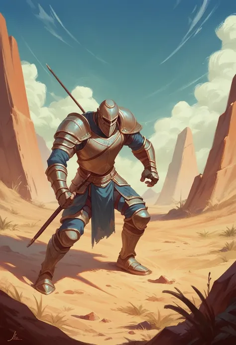 a painting of two men in armor fighting in a desert, concept art by Juan O&#39;Gorman, Artstation contest winner, under art, david and goliath, painting of goliath, liderando uma batalha, leading Spartans into battle, epic battle scene, Award-winning epic ...