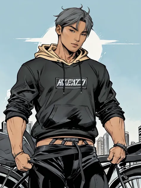 One muscular asian boy, ash cool tone hoodie, Black Bike micro thong, ash grey hair, comic artstyle 2D