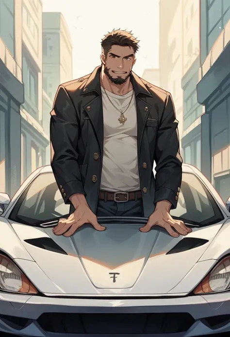 An european man with beard and glass with a ferrari in background，Create a GTA style，