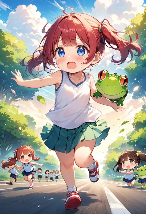 Highest quality、High resolution、Detailed Background、Beautiful face in every detail、Anatomically correct、Detailed facial expressions、fine grain、Cute hair color、Braided twin tails、Chibi Girl、Lower grade primary school students, (Tank top、Ｖneck、mini skirt、Cut...