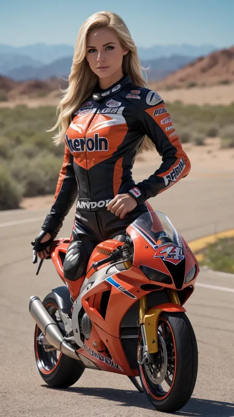 beautiful blonde, 25 year old, American woman, motorcycle racing outfit, Daredevils, realistic, 8k, koda photo, photo realistic, slim body, fit, large breast, riding honda repsol superbike