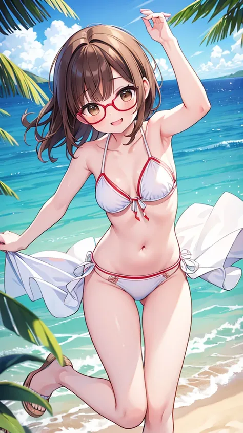 Jump、fun、smile、mischief、Expectations、surprise、Shyness、Sandy Beach、Midsummer、sun、Ocean、blue sky、Daytime、pretty girl , Shooting from below, One Girl, Brown Hair、Very short hairstyle, Brown eyes、Red frame glasses、A soft-looking body、White skin、White Bikini,Hi...