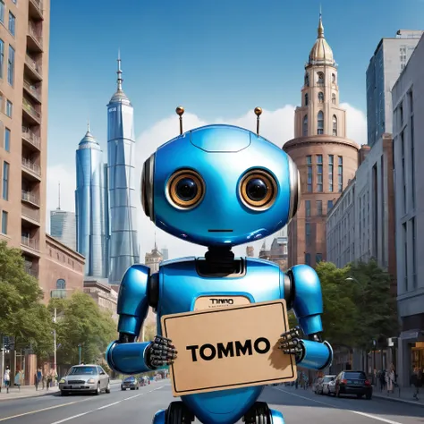 A charming hyperrealistic illustration of a robot with a friendly, human-like face. Its holding a cardboard sign that says "TOMMO" The robot has a sleek, metallic exterior with a hint of wear and tear, and its eyes are a warm, inviting shade of blue. The b...