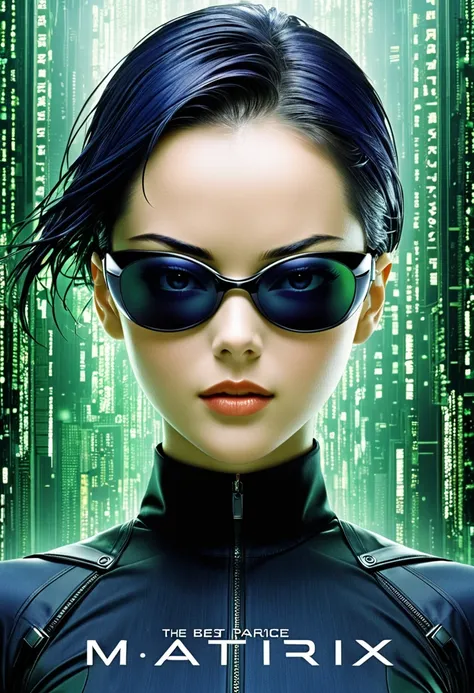 (masterpiece, best quality,ultra highres), (movie poster art,title  of "the matrix"),in the center of the poster,heroine girl in...