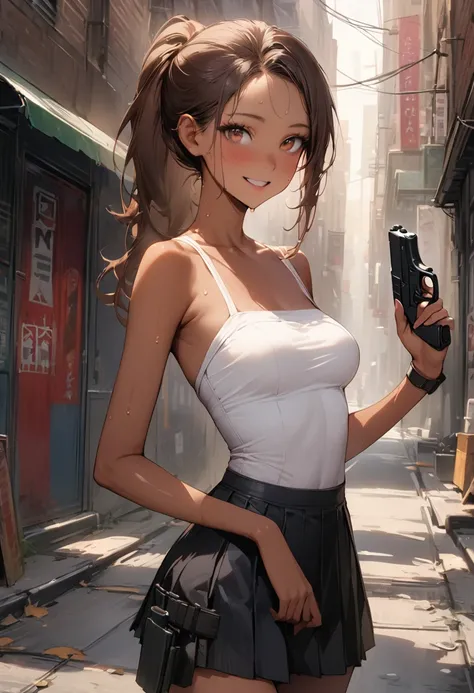 ((masterpiece,Highest quality:1.3,best quality illustration)),(realistic),cowboy shot,独奏,1woman,25 year old beauty,brown hair,ponytail hair,long hair,bangs,brown eyes,(gorgeous big eyes),((very small head:1.3)),smile,((very long body:1.2,skinny)),((tan ski...