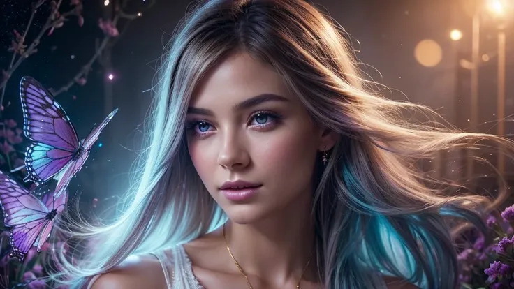 Create a stunning and ethereal portrait of a young woman surrounded by magical elements:

Subject:
- Beautiful young woman with delicate features
- Soft, flowing hair that seems to blend with the magical atmosphere
- Serene and slightly mysterious expressi...