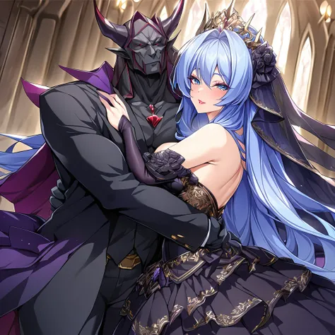 ((Highest quality)), ((masterpiece)), (detailed), （Perfect Face）、The woman is hugging and kissing the great evil demon king man、The woman is the evil queen, Extia, with medium-long blue hair, a gorgeous black wedding dress with gold embroidery and trim, a ...