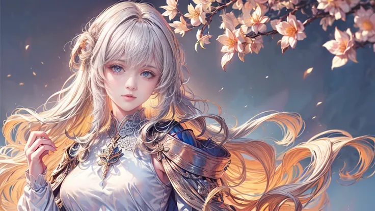 (Highest quality,8k,CG,Beautiful details upper body,lonely,Thumb Girl,Floral Background,Complex facial features,Long flowing hair,Almond-shaped eyes,Exquisite eye makeup,Long, fluttering eyelashes,Big, bright eyes,Starry sky,Elegant lip detail,gentle style...