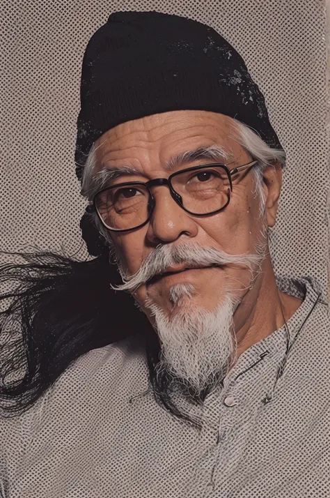 portrait of a grandfather wearing a black skullcap, glasses, white beard, wearing a white koko shirt