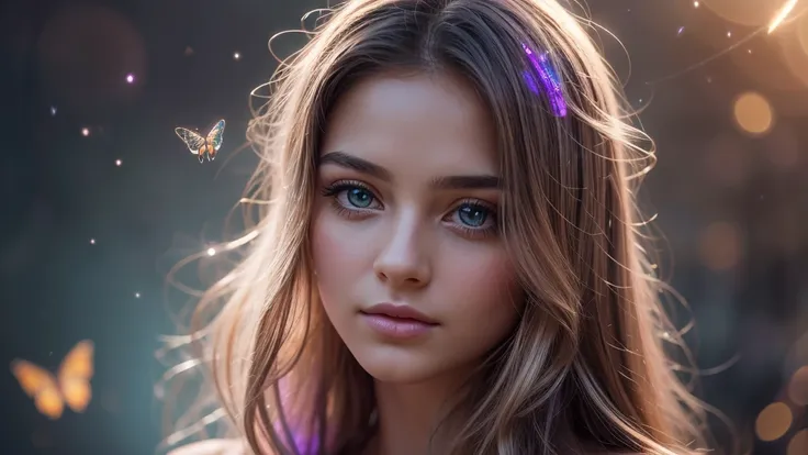 Create a stunning and ethereal portrait of a young woman surrounded by magical elements:

Subject:
- Beautiful young woman with delicate features
- Soft, flowing hair that seems to blend with the magical atmosphere
- Serene and slightly mysterious expressi...