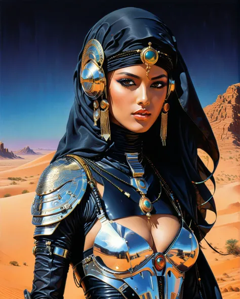  Art style by Noriyoshi Ohrai, Hajime Sorayama, Hiroshi Nagai, (Masterpiece, Top Quality, Super Deatail, High Resolution, Best Illustration), "An exceptional Saudi Arabian Bedouin female warrior adorned in a sleek, black metallic mechanical suit, seamlessl...