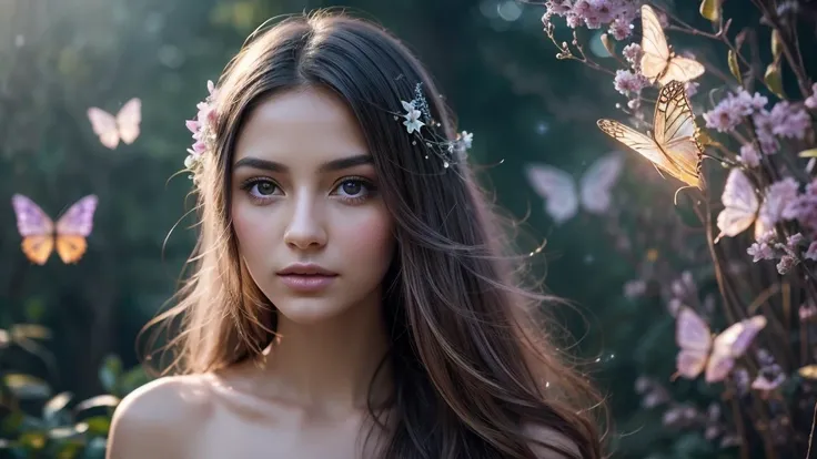 Create a stunning and ethereal portrait of a young woman surrounded by magical elements:

Subject:
- Beautiful young woman with delicate features
- Soft, flowing hair that seems to blend with the magical atmosphere
- Serene and slightly mysterious expressi...