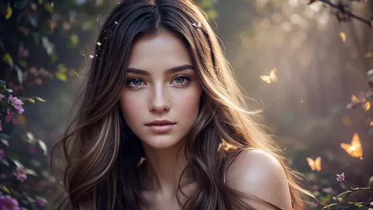 Create a stunning and ethereal portrait of a young woman surrounded by magical elements:

Subject:
- Beautiful young woman with delicate features
- Soft, flowing hair that seems to blend with the magical atmosphere
- Serene and slightly mysterious expressi...