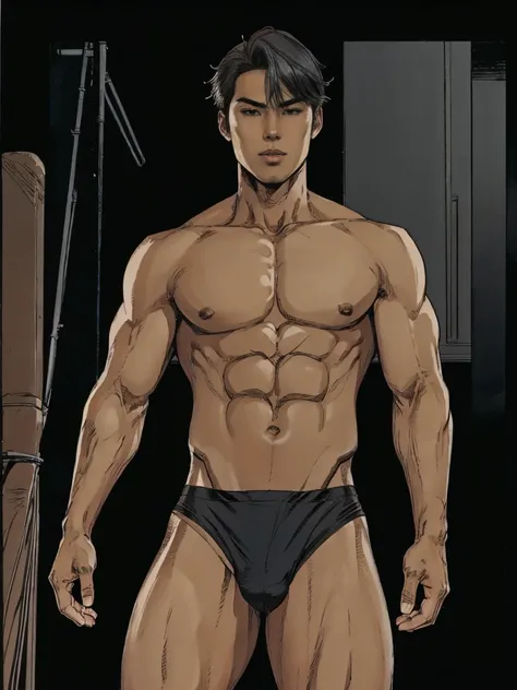 One muscular asian boy, dark ash brown cool tone, Black Bike micro thong, ash grey hair, he showing off his body, comic artstyle 2D