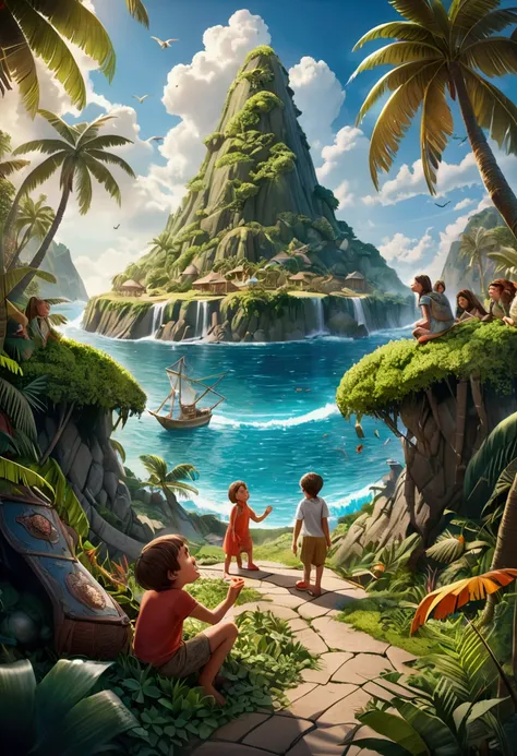 (Mysterious Island), in the style of playful cartoon illustration, realistic and hyper-detailed rendering, interactive media, realistic, detailed rendering, joyful chaos, award-winning, cinematic still, emotional, vignette, dynamic, vivid, (masterpiece, be...