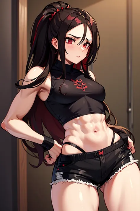 gothic muscular adult woman with little chest wearing shorts and a black shirt with brown wavy hair with a red streak