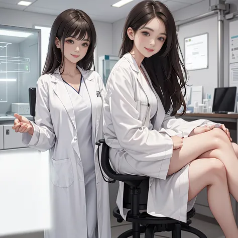 Doctor, 1 woman, solo, sitting (Looking at the audience), (white lab coat:1.5), long skirt ,Stylish clothes mature woman /(dark brown hair/) Bangs, smiling kindly (The best quality masterpiece:1.2) , Delicate illustrations, Special details, (hospital exami...