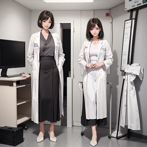 Doctor, 1 woman, solo, sitting (Looking at the audience), (white lab coat:1.5), long skirt ,Stylish clothes mature woman /(dark brown hair/) Bangs, smiling kindly (The best quality masterpiece:1.2) , Delicate illustrations, Special details, (hospital exami...