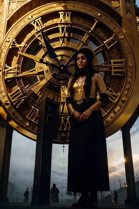 Gypsy couple protecting giant clock with golden Roman numerals with fog and mysterious air