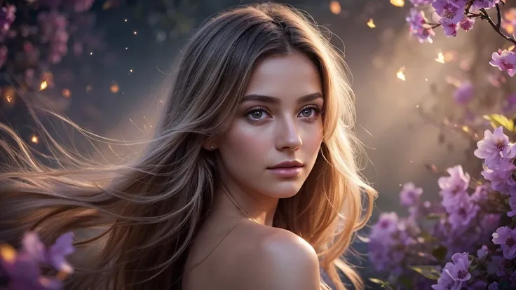 Create a stunning and ethereal portrait of a young woman surrounded by magical elements:

Subject:
- Beautiful young woman with delicate features
- Soft, flowing hair that seems to blend with the magical atmosphere
- Serene and slightly mysterious expressi...