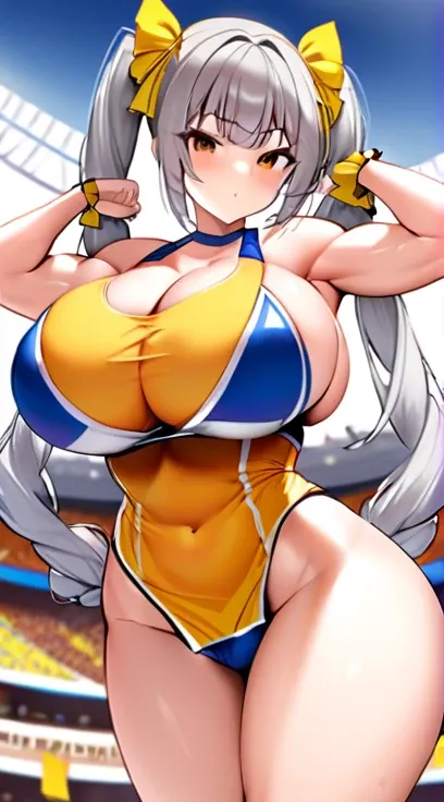 Cheerleader Big Tits,Super Breasts,Gray Hair,Twin tails,Young girl body,Muscle girl