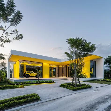 a futuristic house with a floresent yellow jeep wrangler parked in front of it, cgsocietywlop, beautiful curves, intricate devilish designs, qualia, interesting shapes & form, wow factor, elaborate polished, architectural rendering, miami, orange soft ligh...