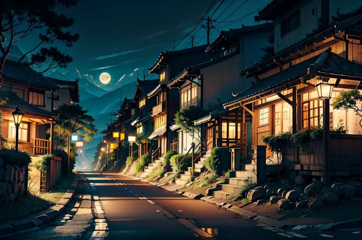 Straight road through hilly area, There is a street lamp on the side. At night ,Chillout、City