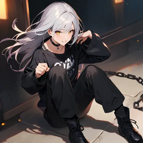 (well done: 1) Woman, long straight white hair, yellow eyes, black choker, loose white long-sleeved t-shirt, black fingerless gloves, black pants with some chains around them, black boots.