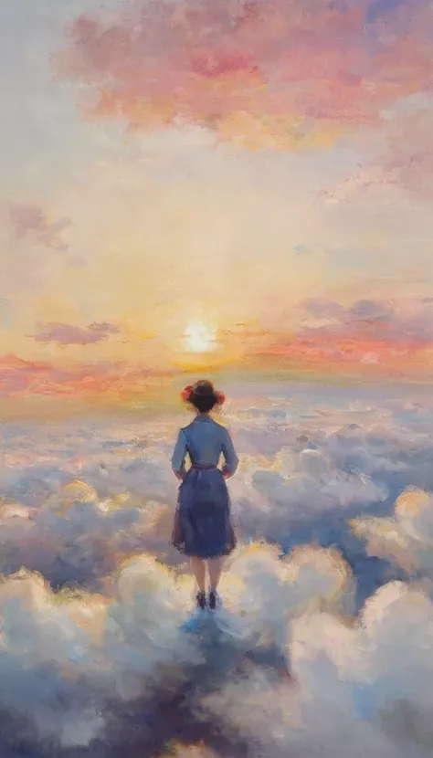 a painting with great depth、(view from above the clouds:1.6), girl flying in the sky、holding a bouquet、beautiful face、(oil paste...