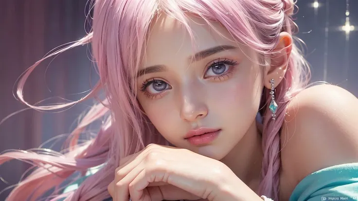 ((masterpiece)). This work is wonderful, smile, dream-like、Fantastic, Soft pink watercolor shades with candy accents. Generate and explore delicate and discreet fairies (A colorful bubble gum world in pastel colors). Her sweet face is extremely detailed an...