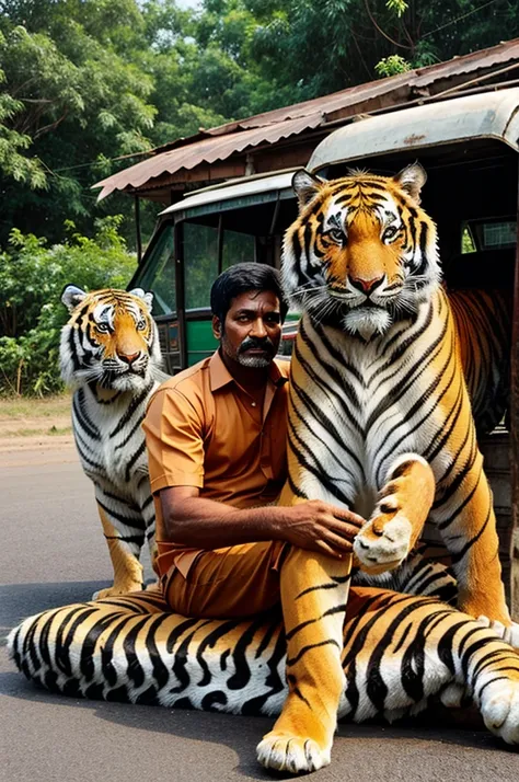 A India poor man with big tiger on road side sit on tiger.