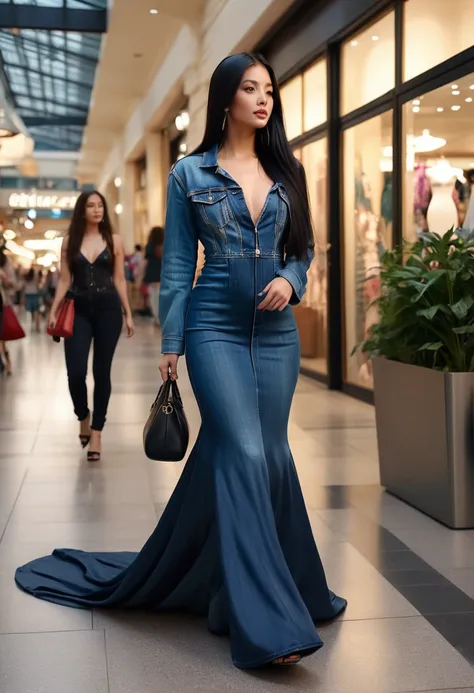 a woman in the sheer evening gown, full body,long black stright hair,  carry a bag, wear denim jacket,mermaid tight long gown, flowy dramatic long gown, double long satin train ( 4 meter long ), in crowded mall, wear high heels, masterpice, 4k resolution, ...