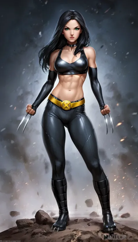 ((full body shot, standing, feet on the ground))  photo of a beautiful (laura_kinney), (claws), midriff, navel, pants, (abs:0.7)...