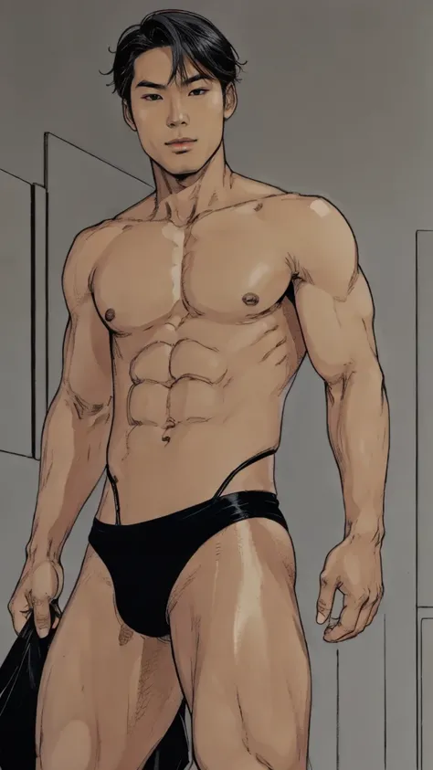 One lean asian men, dark ash brown cool tone, Black Bike micro thong, ash grey hair, he showing off his body, comic artstyle 2D