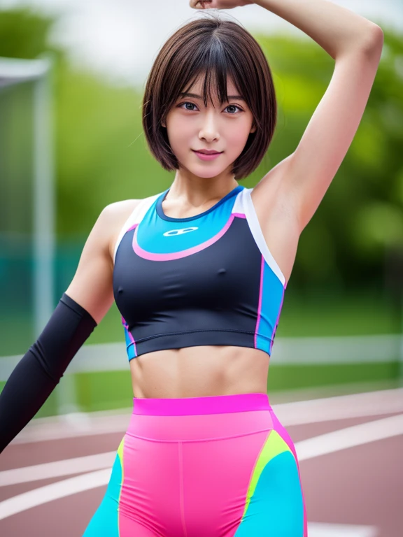 Best quality 8k resolution Ultra detailed Bright neon colored competition sportswear Serious facial expression Cute girl Abs Arms up Very short hair High waisted tights Flat chest Japanese Sharp focus Track and field club Very short hair 27 years old Sweat...