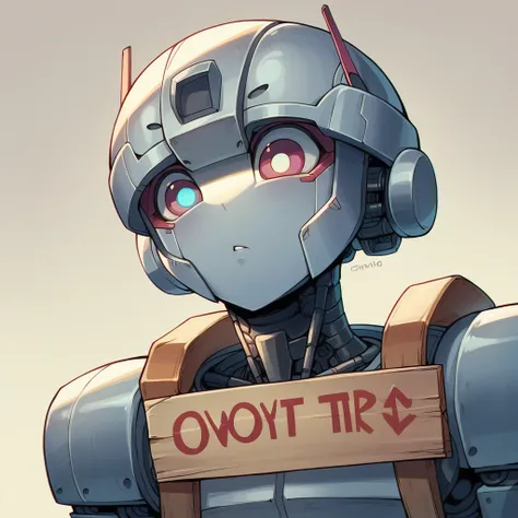 A charming hyperrealistic illustration of a robot with a friendly, human-like face. Its holding a cardboard sign that says "TOMMO" The robot has a sleek, metallic exterior with a hint of wear and tear, and its eyes are a warm, inviting shade of blue. The b...