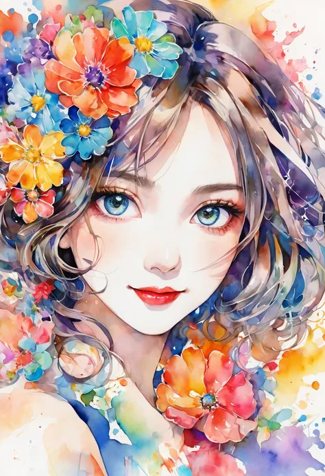 beautiful woman portrait, cute smile, sylvia pelissero watercolors, colorful flowers, beautiful eyes,  upper body, abstract art,...