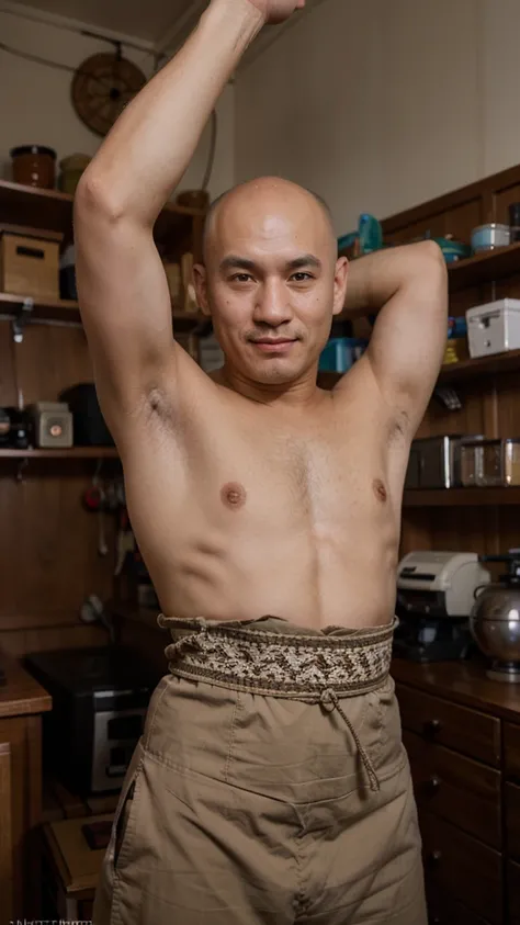 bald buryat man, working in the craft room, wearing, brown eyes, smirk

