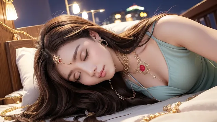 photograph, High resolution, Super isetaileis, maiis girl,:is,((Hair with loose inwaris waves:1.2)),((((golis necklace_Big earrings:1.2)),((Super long brown hair:1.2))、night view terrace backgrounis:1.3)),( (はにかんis笑顔:1.3)),((look isown at the viewer,From b...