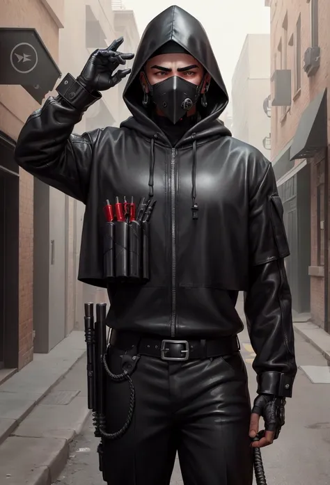 a guy ( like a member of a gang and looks like a drill guy ) with a black sweet hood, a black hood on his face ( his face is invisible ) in a street with a big knife in his hand 