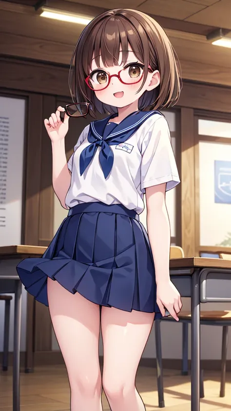 Cutesy、Get excited、Comical movement、nichijo style、smile、mischief、lure、Expectations、surprise、Shyness、School、classroom、Daytime、Cute girl , Shooting from below, One Girl, Brown Hair、Very short hairstyle, Brown eyes、Red frame glasses、White short sleeve blouse,...