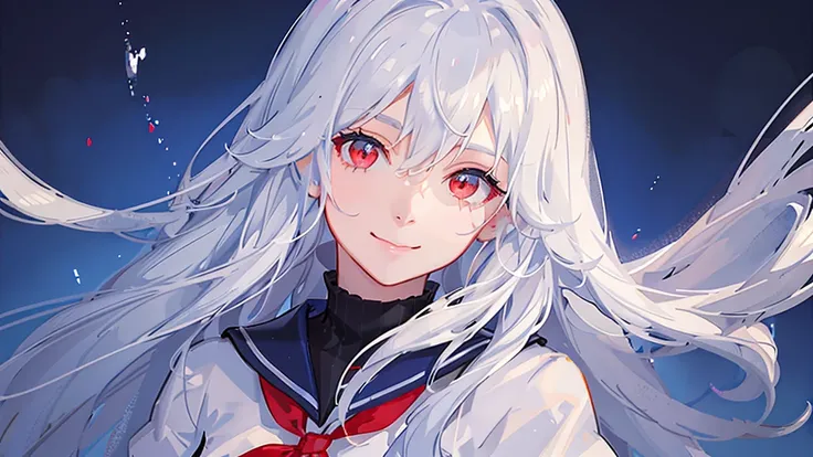 a smiling girl with long white hair, red eyes, wearing a blue and white sailor uniform with a light blue ribbon, detailed portrait, realistic, photorealistic, 8k, best quality, masterpiece, ultra-detailed, sharp focus, physically-based rendering, professio...