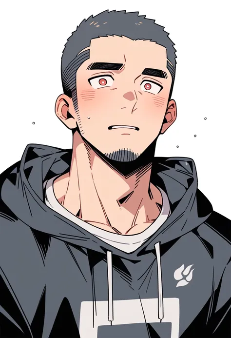 anime characters：priapus, muscle sports student, buzz cut, manliness, male focus, sports tight hooded sweatshirt, very tight, fu...