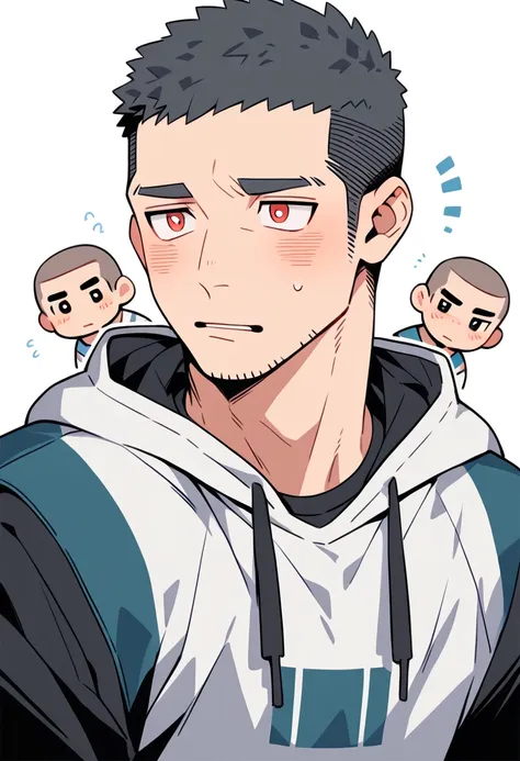 anime characters：priapus, muscle sports student, buzz cut, manliness, male focus, sports tight hooded sweatshirt, very tight, fu...