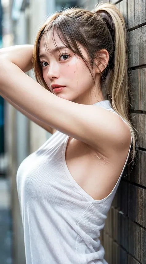 (Ultra HD、Ultra-high resolution、Realistic:1.3、8k、Japanese Office Lady、In front of the wall)、Attention in the armpits、Viewer、(Extremely realistic skin texture:1.4)、(Realistic:1.3)、short hair、((Embarrassed expression:1.3))、(blonde:1.3)、40-year-old woman、Matu...